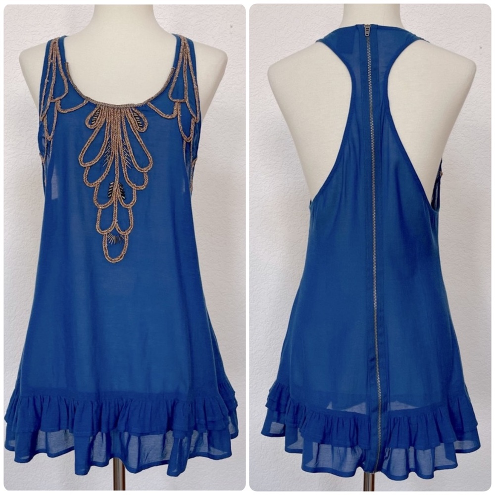 Free People blue gold braided ruffle bottom tank